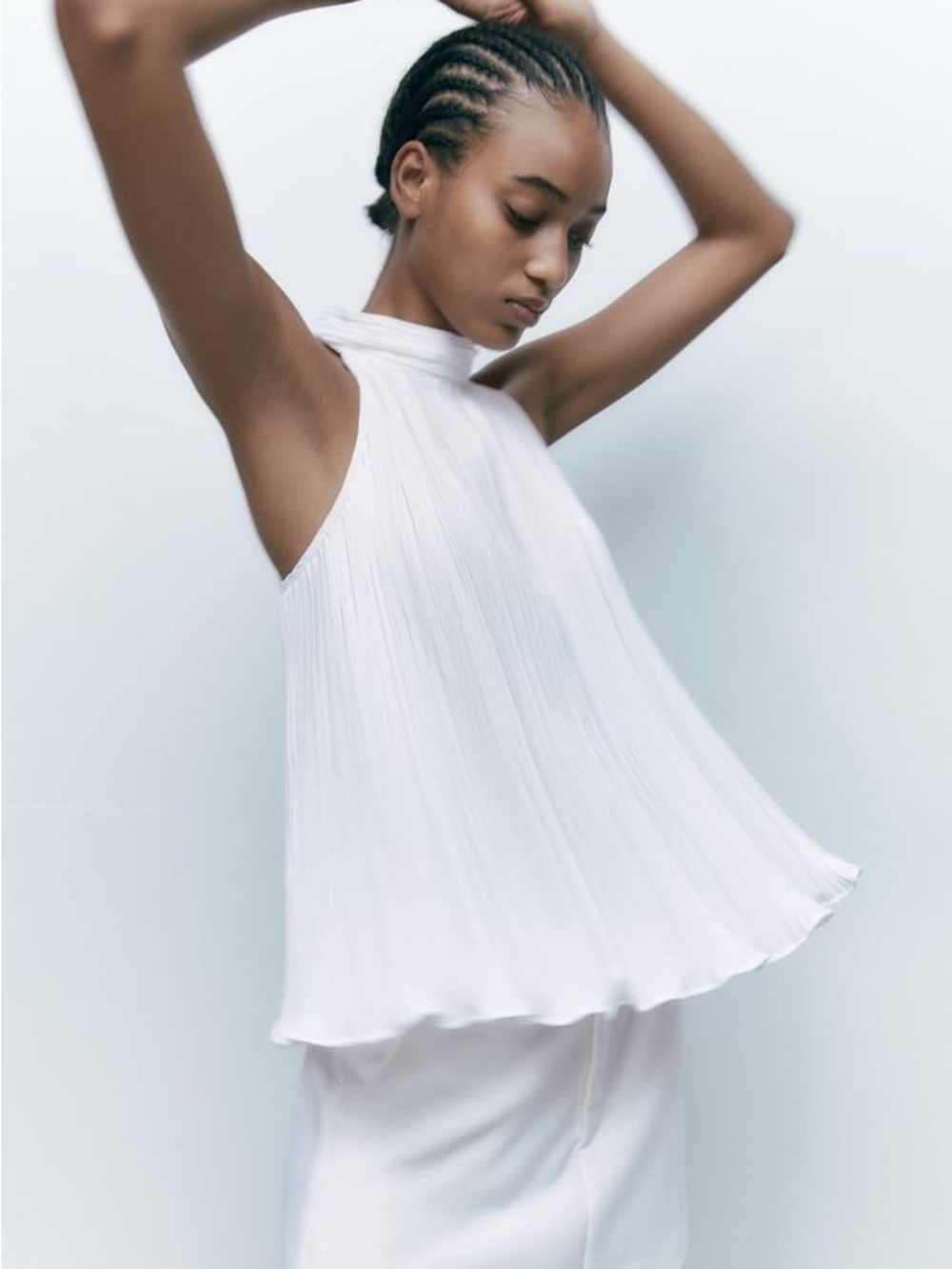 Zara White Pleated High-Neck Sleeveless Blouse